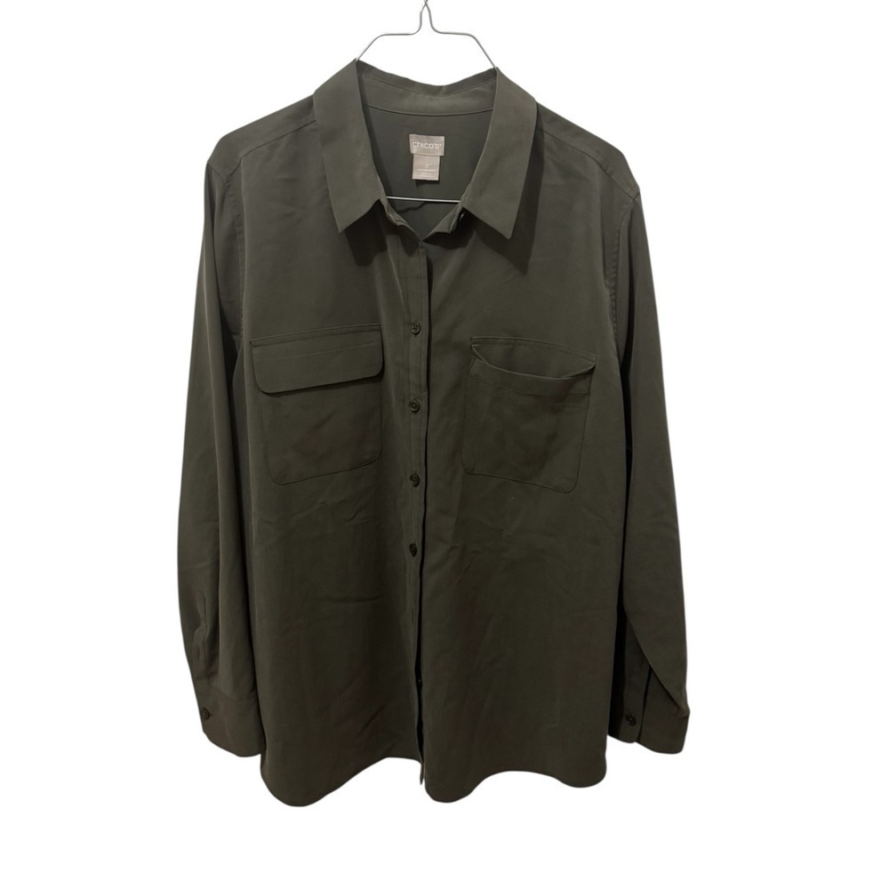 Chico’s Green Button Down Long Sleeve Blouse Size XL